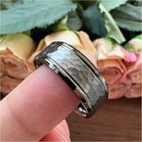 Tungsten Carbide Wedding Band Hammered Stepped Edges Brushed Comfort Fit