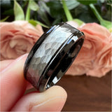 Tungsten Carbide Wedding Band Hammered Stepped Edges Brushed Comfort Fit