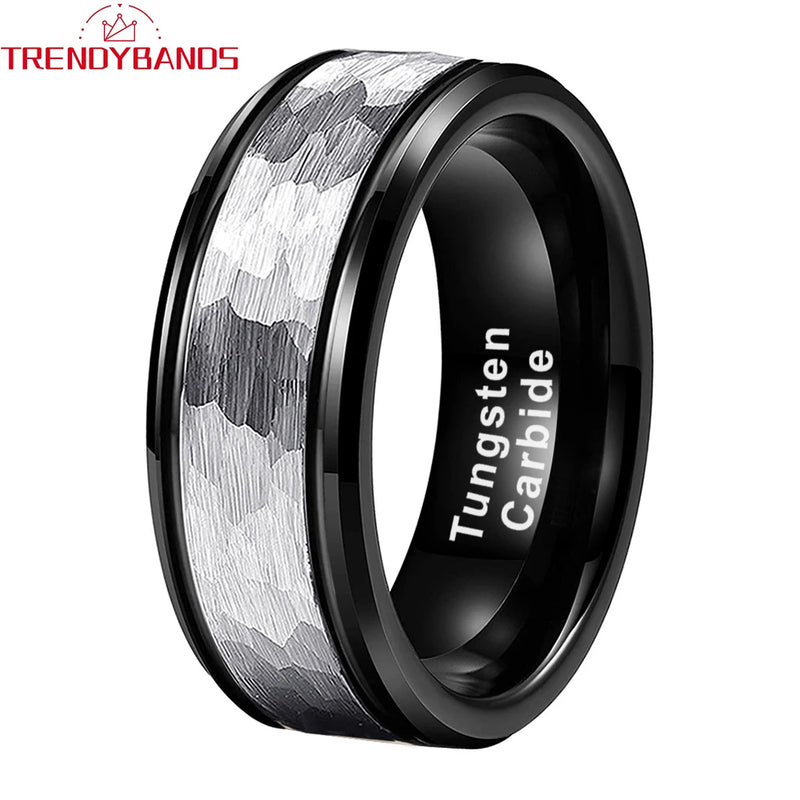 Tungsten Carbide Wedding Band Hammered Stepped Edges Brushed Comfort Fit