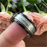 Tungsten Carbide Wedding Band Hammered Stepped Edges Brushed Comfort Fit