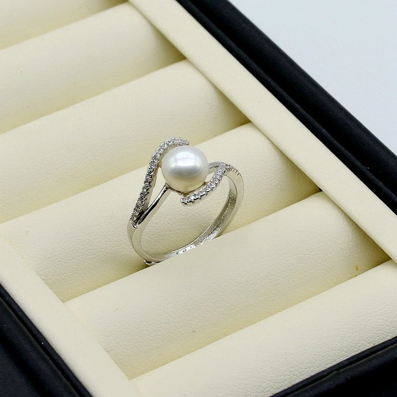Freshwater Pearl Ring Cubic Zirconia Stone Silver Adjustable Size