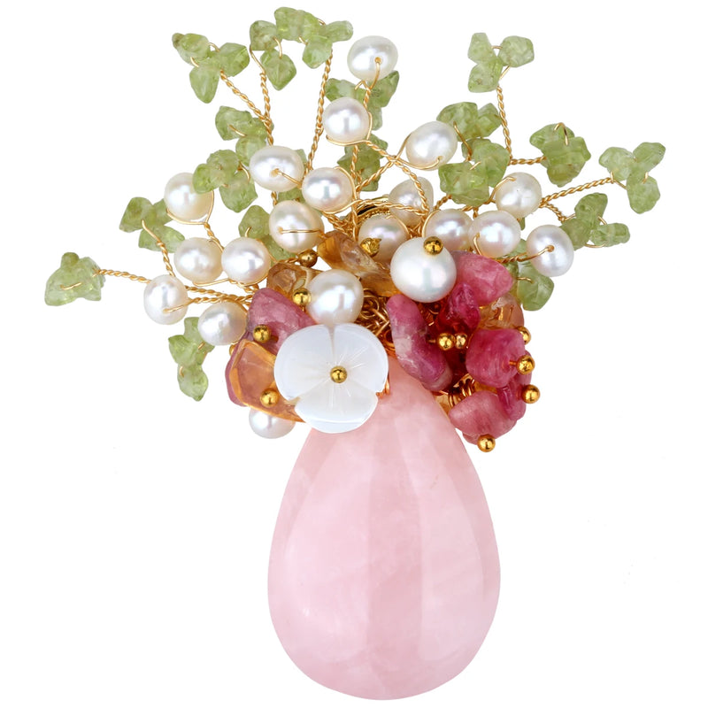 Rose Quartz Pearl Peridot Citrine Flower Vase Brooch Pendant