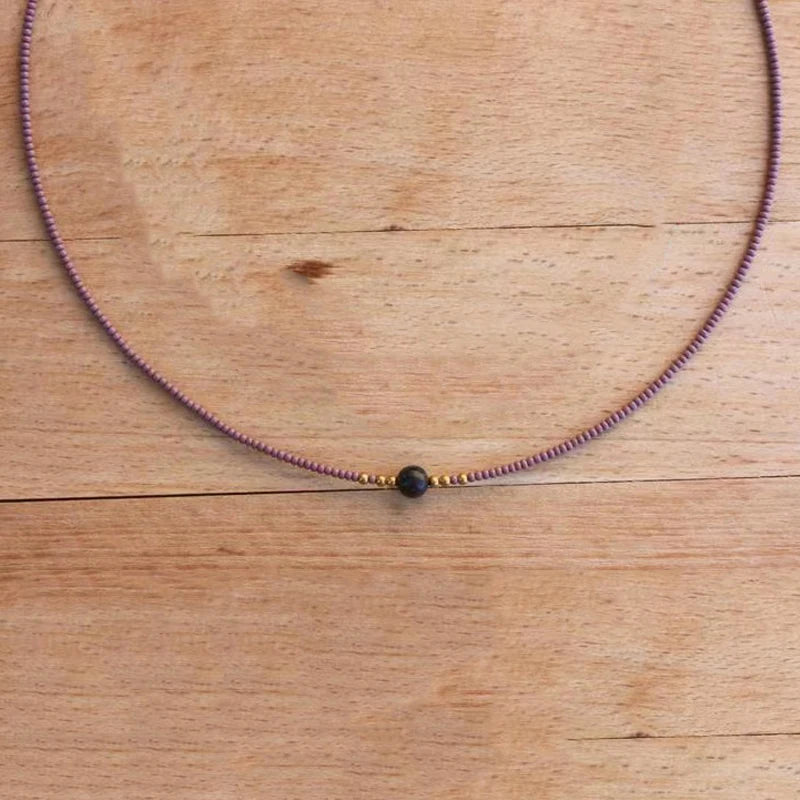 Women Round Stone Pendant Necklace Pink Purple Beads Choker