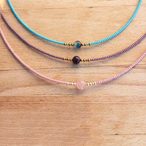 Women Round Stone Pendant Necklace Pink Purple Beads Choker