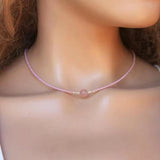 Women Round Stone Pendant Necklace Pink Purple Beads Choker