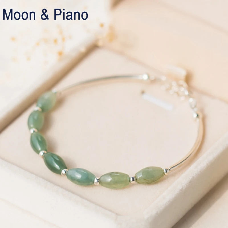 Women S925 Silver Natural Emerald Jade Green Stone Bracelet