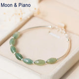 Women S925 Silver Natural Emerald Jade Green Stone Bracelet