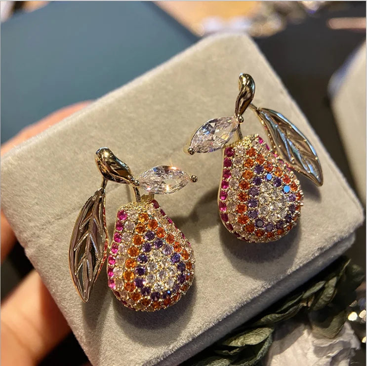 Fruit Pear Earrings Colored Zircon Personalized Earrings ins