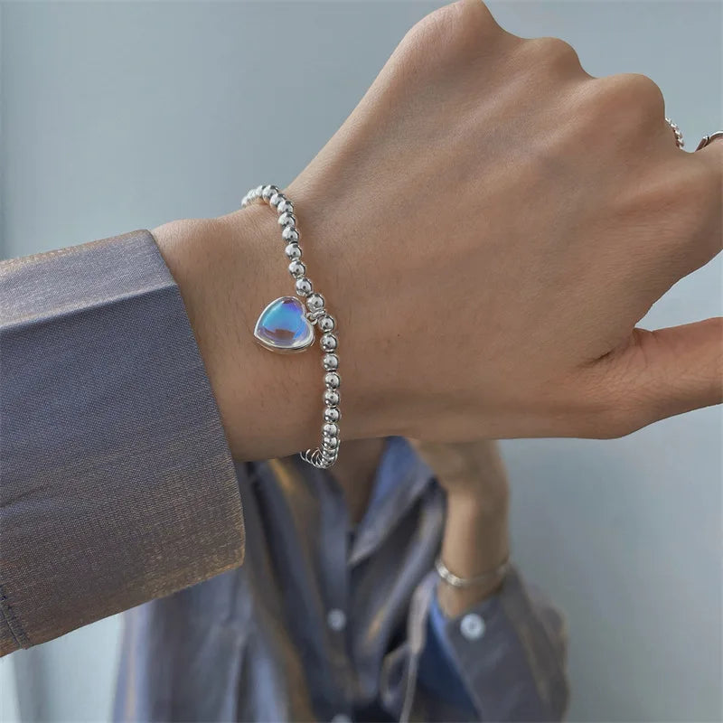 Heart Pendant Bracelet S925 Sterling Silver Beads Chain for Women