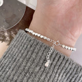 Women S925 Sterling Silver Small Stone Square Bead Bracelet