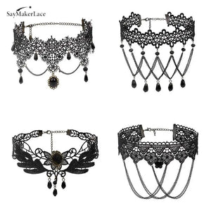 Sexy Gothic Crystal Lace Pearl Neck Choker Necklace