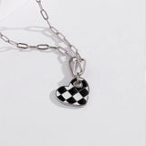 Women Silver 925 Necklace Chessboard Enamel Heart Pendant Choker