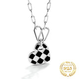 Women Silver 925 Necklace Chessboard Enamel Heart Pendant Choker