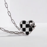 Women Silver 925 Necklace Chessboard Enamel Heart Pendant Choker