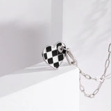 Women Silver 925 Necklace Chessboard Enamel Heart Pendant Choker