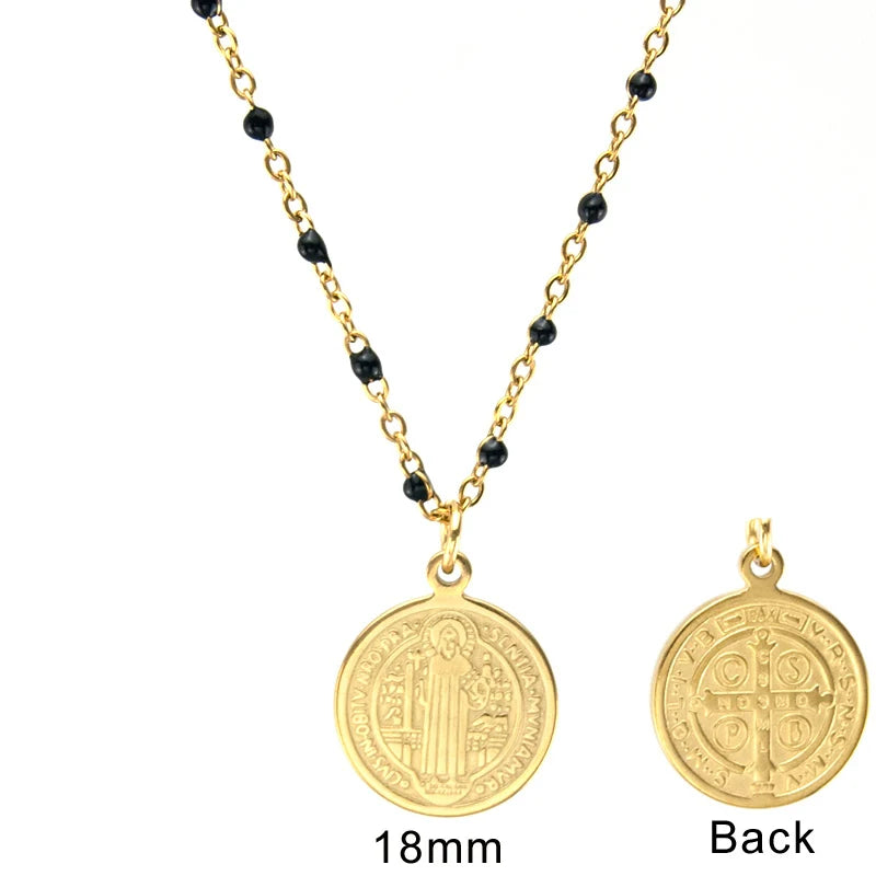 Women SS Necklace Vintage St. Benedict Virgin Mary Jesus Pendant Rosary Chain