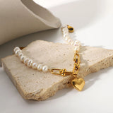 Stainless Steel Pearl Bracelet Heart Charm Bangle