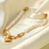 Stainless Steel Pearl Bracelet Heart Charm Bangle