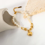 Stainless Steel Pearl Bracelet Heart Charm Bangle