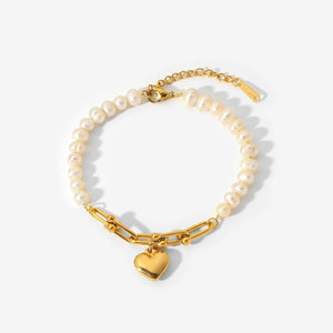 Stainless Steel Pearl Bracelet Heart Charm Bangle