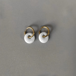 Women Natural Stone Earrings Round Pendant Stainless Steel Hoops