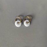 Women Natural Stone Earrings Round Pendant Stainless Steel Hoops