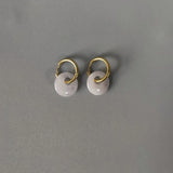 Women Natural Stone Earrings Round Pendant Stainless Steel Hoops