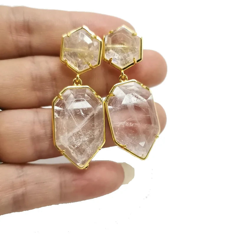 Geometric Gem Stud Earrings Double-Sided Hexagonal Amethyst Labradorite