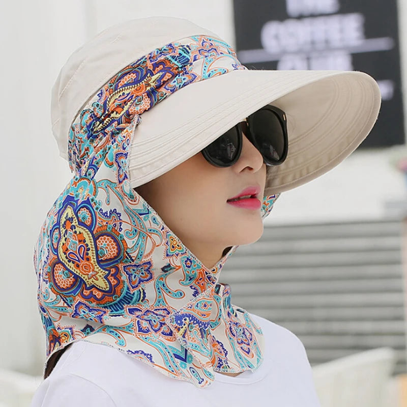 Women Summer Sun Hat Anti-UV Beach Sunscreen Floral Print Wide Brim Hat