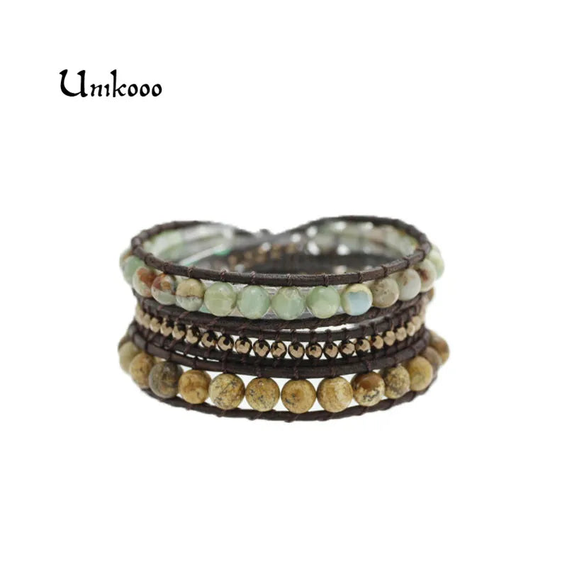 Women Wax/Leather Bracelet Natural Agalmatolite Stone Wrap Leather Bracelet