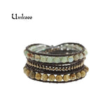 Women Wax/Leather Bracelet Natural Agalmatolite Stone Wrap Leather Bracelet