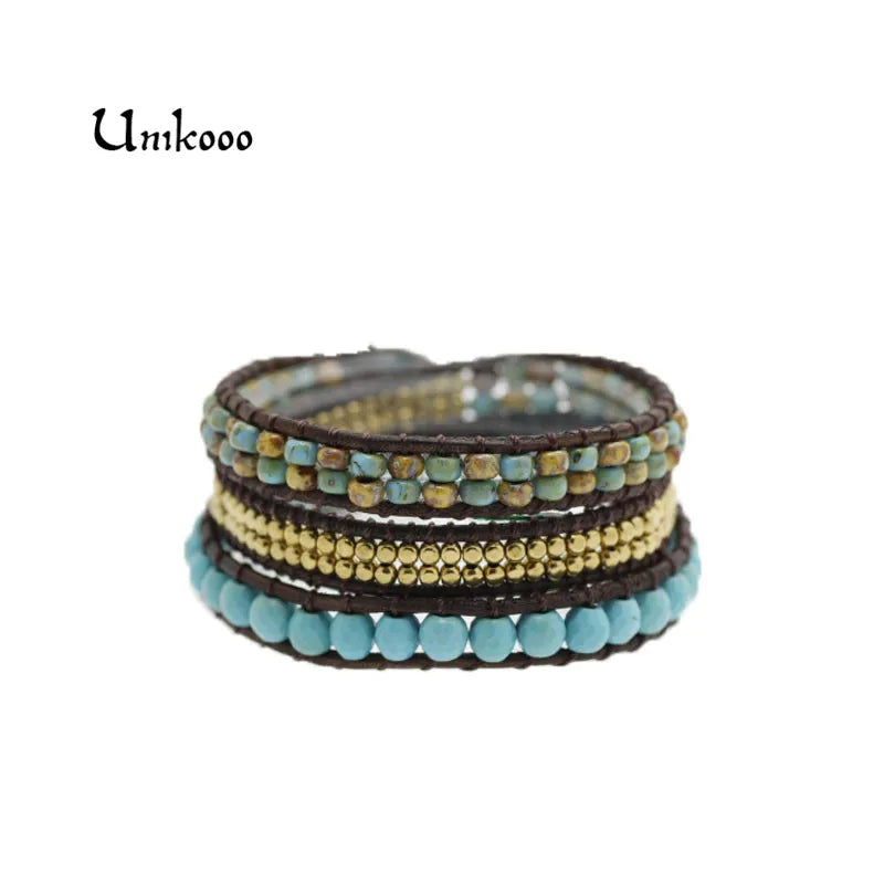 Women Wax/Leather Bracelet Top Natural Stone 3 Layer Leather Bracelet