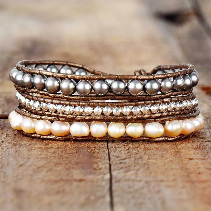 Freshwater Pearl 3 Strand Leather Woven Bracelet for Women