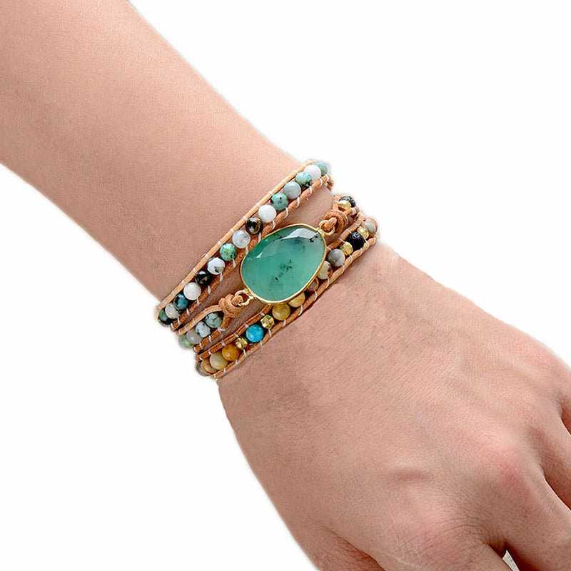 Australian Jade Stone Beads Leather Wrap Bracelet