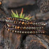 Tiger Eye Leather Wrap Bracelet 3 Strands Woven Mother's Jewelry