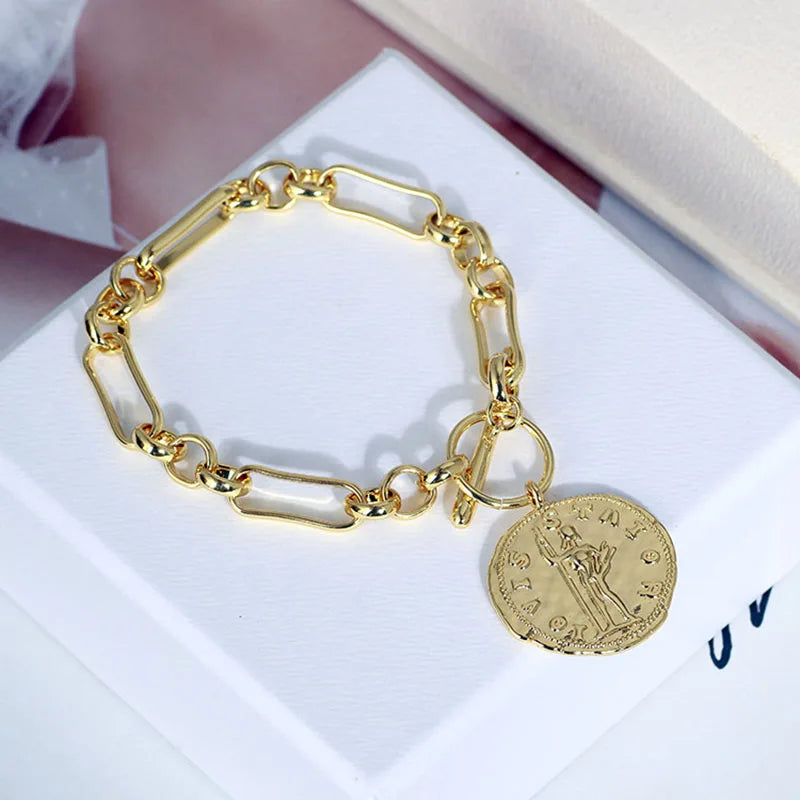 Women Coin Chain Bracelet Plated Metal Bangles