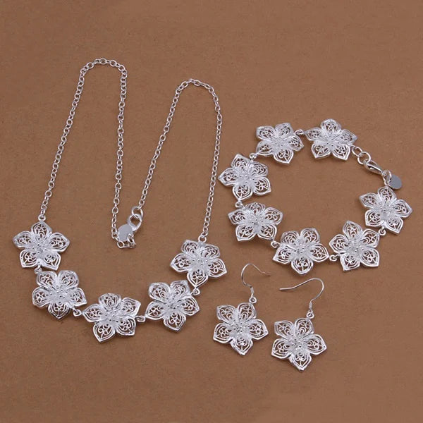 Elegant Silver Flower Jewelry Set for Women Wedding