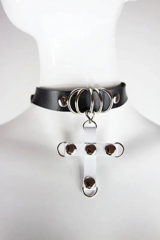 Sexy Punk Leather Choker Necklace with Cross Studs