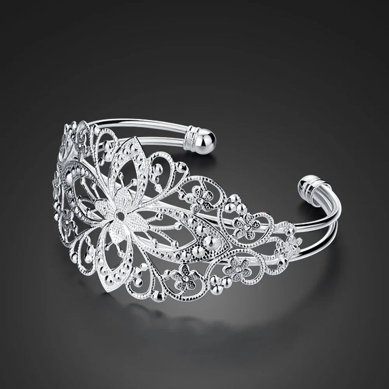 925 Silver Bangle Bracelet Hollow Wide Solid Jewelry Gift