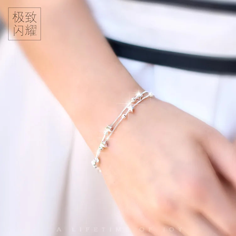 Women's 925 Sterling Silver Double Rows Star & Lucky Beads Bracelet