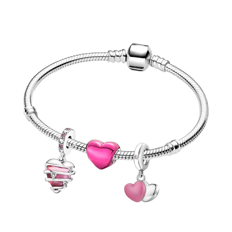 Sterling Silver Heart Pendant Bracelet Set Pink DIY Gift