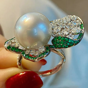 13-14MM Round Pearl Flower Ring 925 Sterling Silver Cocktail Jewelry Gift