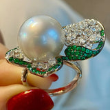 13-14MM Round Pearl Flower Ring 925 Sterling Silver Cocktail Jewelry Gift