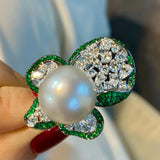 13-14MM Round Pearl Flower Ring 925 Sterling Silver Cocktail Jewelry Gift