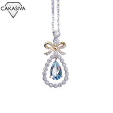 925 Silver Plated Bowknot Clavicle Chain Necklace with Sea Zircon Pendant