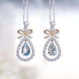 925 Silver Plated Bowknot Clavicle Chain Necklace with Sea Zircon Pendant