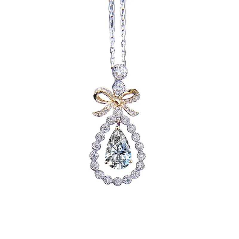 925 Silver Plated Bowknot Clavicle Chain Necklace with Sea Zircon Pendant