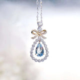 925 Silver Plated Bowknot Clavicle Chain Necklace with Sea Zircon Pendant