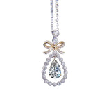 925 Silver Plated Bowknot Clavicle Chain Necklace with Sea Zircon Pendant