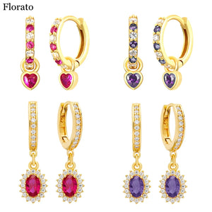 925 Silver Crystal Chain Stud Earrings Colorful Zircon Hoops